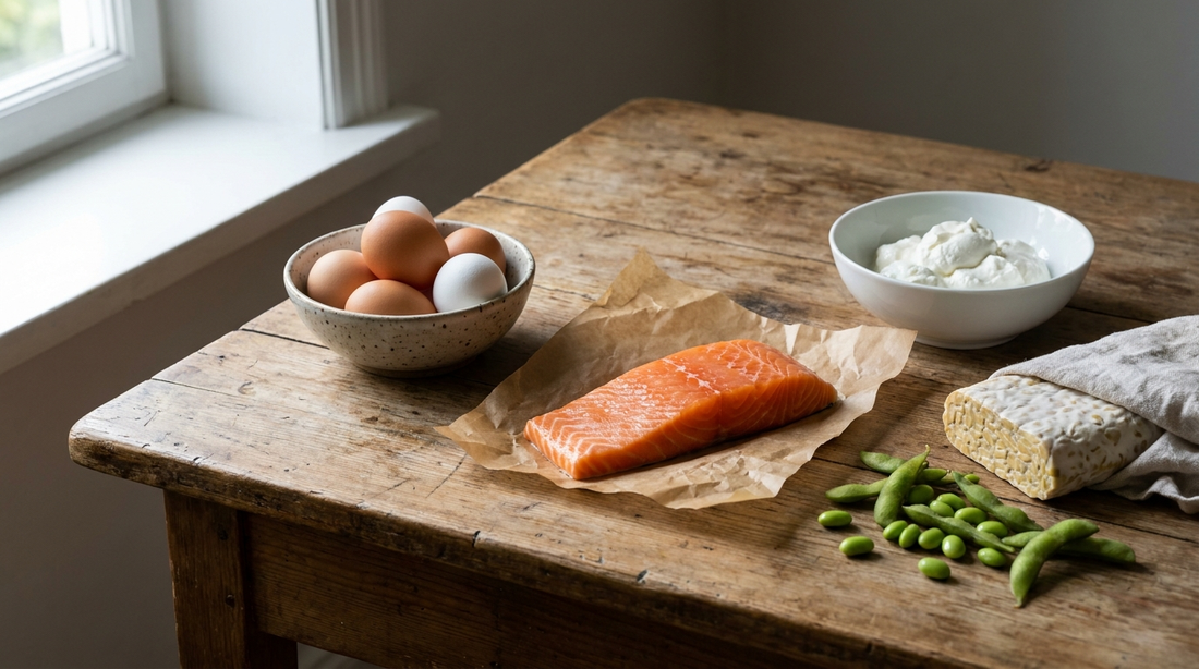 Echte eiwitbronnen zoals eieren, zalm, kwark en tempeh op een houten tafel