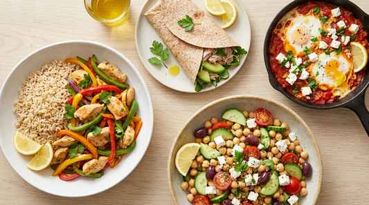Vier snelle gezonde maaltijden op tafel: roerbak met kip, tonijnwrap, shakshuka en kikkererwtensalade