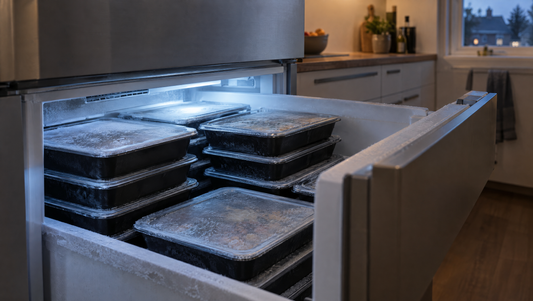 Open vriezerlade in een Nederlandse keuken met gestapelde zwarte maaltijdbakjes en lichte rijp.